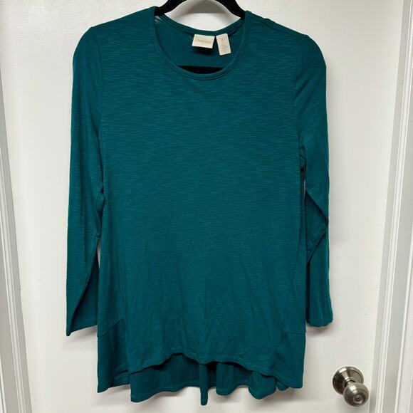 Chicos Womens Teal Green Long Sleeve Top T-Shirt High Low Size 1P Medium Petite - Picture 1 of 11